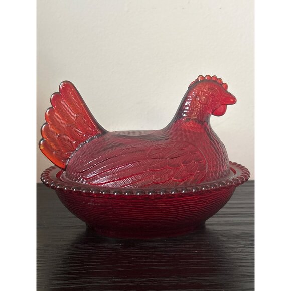 VTG Indiana Glass Ruby Red Glass Hen on Nest Dish Flashed Painted Farmhouse MCM - Picture 2 of 14